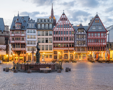 One of the most beautiful squares in Frankfurt, shot just before the sunrise.  This shot faces the reconstructed Eastern section of the square, also featuring fountain.