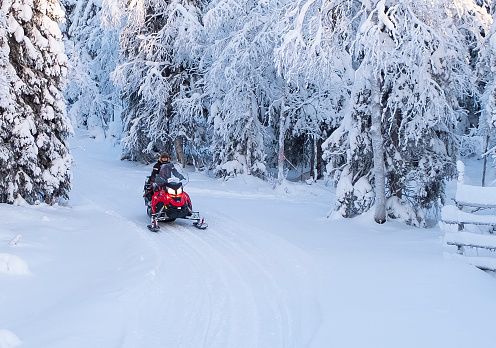 Lapland in winter, a tourist on a mrtosled.