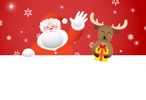 Santa Claus waving and reindeer holding a gift box with a blank signboard template vector illustration.