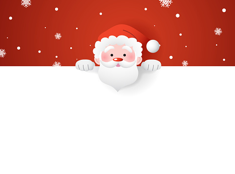 Santa claus holding a blank horizontal signboard template vector illustration with snowflakes in background.