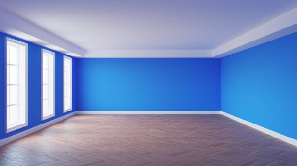 istock Beautiful Empty Room with Blue Walls, White Ceiling and Cornice 1411881981