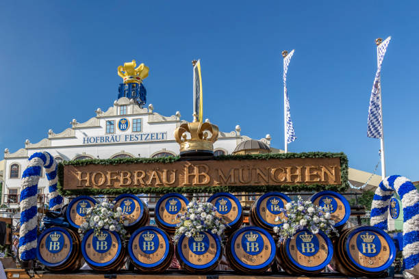 Theresienwiese, Munich, Bavaria, Germany, 2019, Oktoberfest, Wiesn, front side of the HB, Hofbräu pavilion at the Oktoberfest