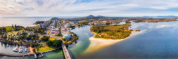 High aerial panorama of Wallis lakeand  Coolongolook river between Forster and Tuncurry towns on AUstralian pacific coast.