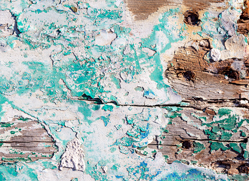 Old wood texture cracked with peeled blue turquoise paint