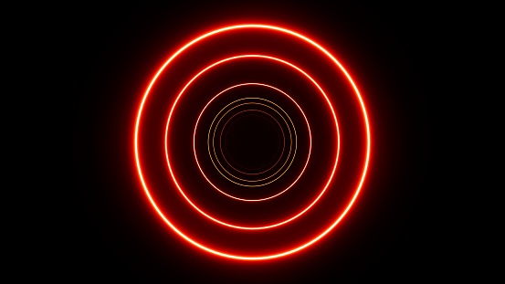 Glowing Red Neon Light Concentric Circles Tunnel texture effect illustration design art background.