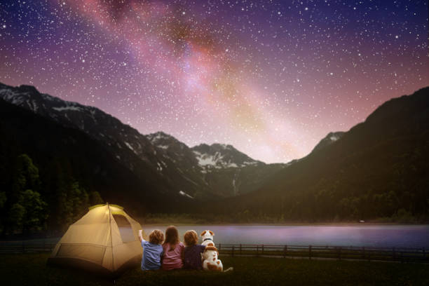 camping familial sous ciel étoilé. feu de joie nocturne. - pets water lake sky photos et images de collection