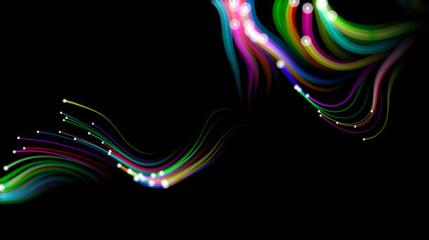 ilustraciones, imágenes clip art, dibujos animados e iconos de stock de partículas que fluyen multicolores sobre fondo negro. - cyberspace abstract backgrounds photon