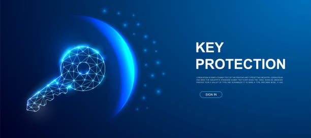 istock 3d blue Key polygonal symbol for landing page template. Low poly Key illustration for promo banner, advertising page design. Security design illustration concept. 1411895153