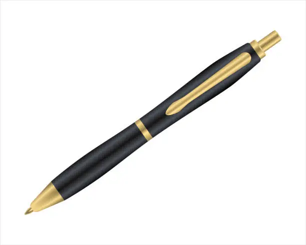 Vector illustration of Black ballpoint pen with details gold деталями isolated on white background,  realistic illustration. Mock-up school supplies for advertising