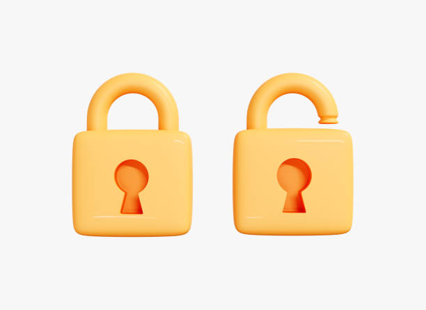 istock 3D Open and closed Lock. Locked golden Padlock. Security and safety. Privacy concept. Creative icon for game and web design. Set cartoon icon isolated on white background. 3D Rendering 1411901867