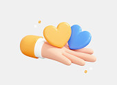 3D Hand holding Ukraine flag Hearts. Stay with Ukraine. No war. Pray for peace. Help and support for Ukrainians. Cartoon creative icon isolated on white background. Yellow and blue. 3D Rendering
