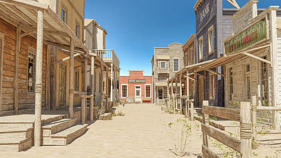 3D illustration rendering of an empty street in an old wild west town with wooden buildings.