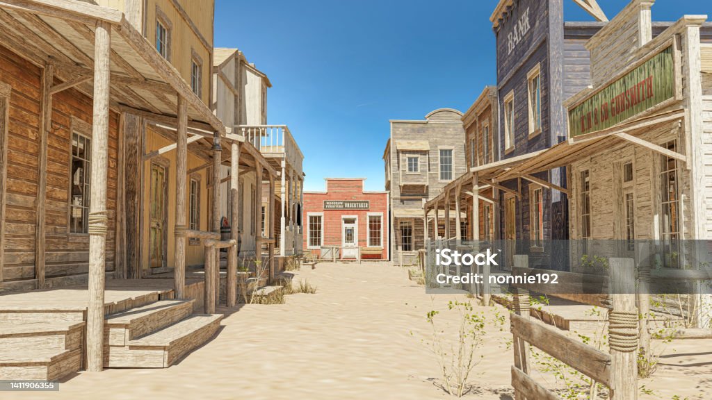 3D illustration rendering of an empty street in an old wild west town with wooden buildings. Western - Film Genre Stock Photo
