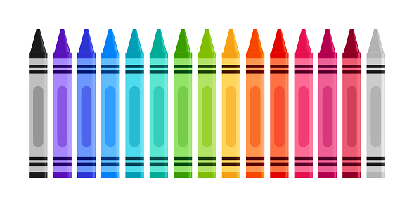 Black, Indigo, Blue, Turquoise, Teal, Green, Yellow, Orange, Red, Pink, Purple, Brown, and Gray Crayons Isolated on White Background