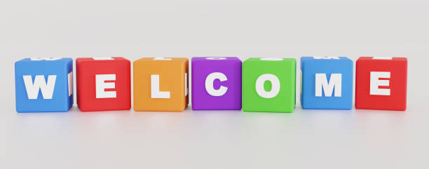 istock 3D rendering illustration Colorful cubes with welcome sign on a white background with clipping path. 1411912662