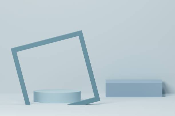 istock Blue color style podium in cylinder and cube shape with abstract frame backdrop. Cosmetic or beauty product display. 3d rendering 1411915111