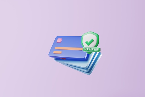 Credit card with password protection shield and correct mark on purple background. Credit card password or pin security, online shopping safety concept. 3d rendering