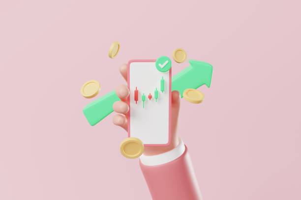 istock Hand holding smartphone with graph coins on and increasing arrow on pink background. Crypto or stock investment concept. 3d rendering 1411915182