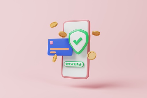 Smartphone, mobile phone with credit card, coins, shield on pink background. Online shopping payment security, credit card information protection concept. 3d rendering