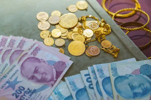 Photo of Large group of Turkish Gold coins with Turkish Lira Banknotes