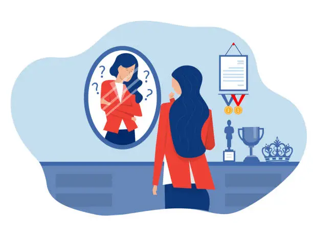 Vector illustration of imposter syndrome, businesswoman looking shadow himself through mirror for Anxiety and lack of self confidence at work vector