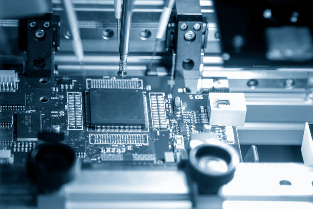 istock Close up scene the automatic assembly line of the main board by  high speed robotic system. 1411921681