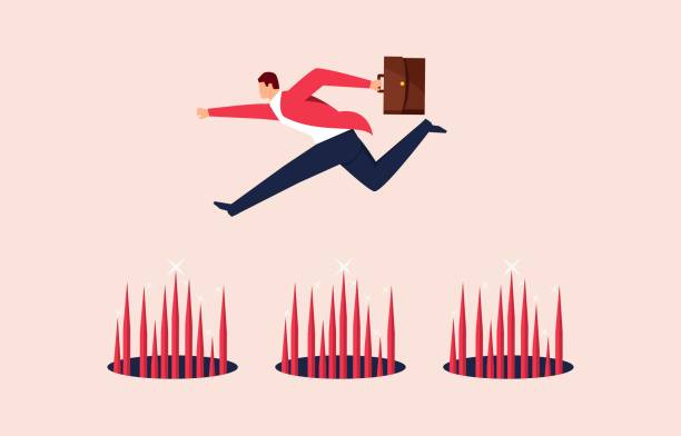Brave businessman trying to jump traps and thorns to avoid traps, or business scams Brave businessman trying to jump traps and thorns to avoid traps, or business scams avoidance stock illustrations