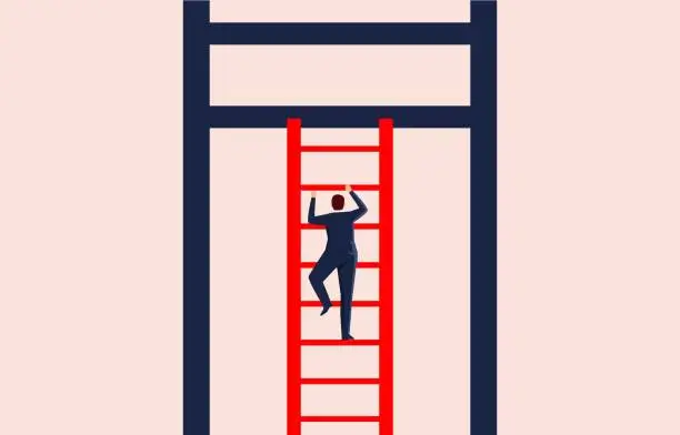 Vector illustration of Businessman with big ambition, use small ladder to climb up big ladder, ambition and challenge for greater career success, achieve bigger goal or motivation, concept of business and career development
