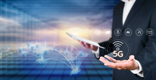 istock Business network communication concept. 5G Network Internet Mobile Wireless. 5g internet connects all activities in your hands shopping, finance, travel, location, contact, etc with copy space banner 1411926005