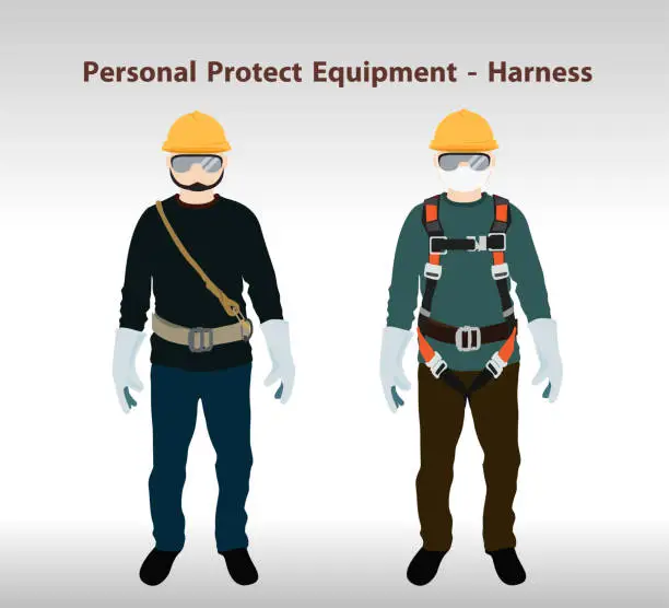 Vector illustration of safety harness equipment and lanyard for work at heights