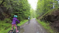 istock Kids biking through a lush forest 1411928086