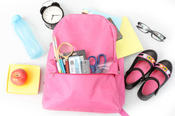istock Lunch box and bottle with school supplies on table 1411930815