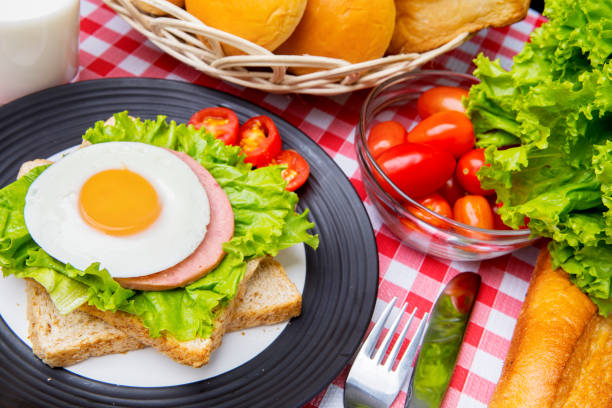 Close up of a delicious egg sandwich with assorted breads and milk on the dining table