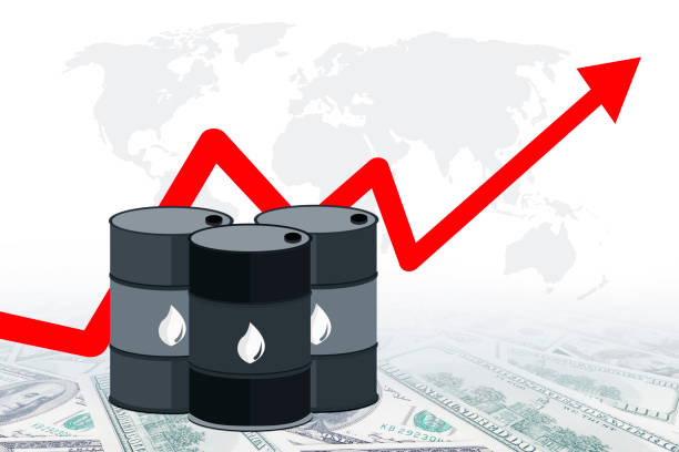 istock Increasing oil price arrow with world map background 1411930889