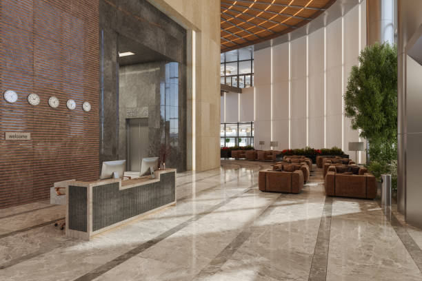 hall d’accueil de l’hôtel de luxe avec réception et salle d’attente - hotel corridor entrance hall entrance photos et images de collection