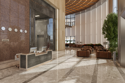 Beautiful building of modern hotel from inside background. Architectural projects for construction of public place concept