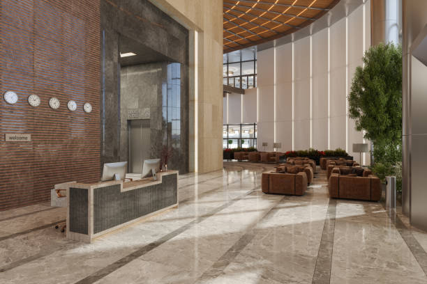 luxury hotel lobby with reception desk and waiting area - hotel corridor entrance hall entrance imagens e fotografias de stock