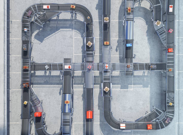 istock Top View Of Gift Boxes On Conveyor Belt In Warehouse 1411932265