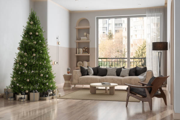 istock Modern Living Room Interior With Christmas Tree, Gift Boxes, Sofa And Armchair 1411932327