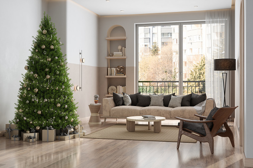 Modern Living Room Interior With Christmas Tree, Gift Boxes, Sofa And Armchair