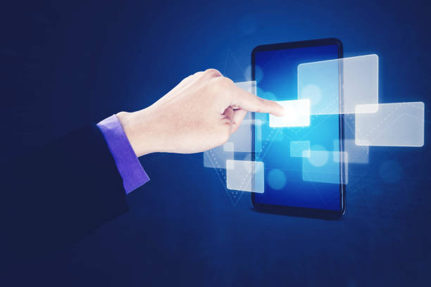 istock Businessman touch cloud speech bubble on cellphone 1411933009
