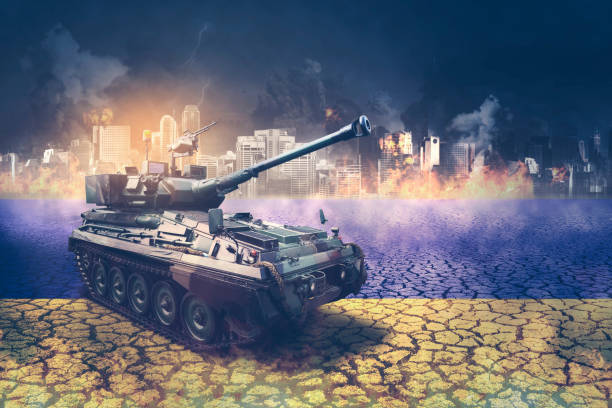 istock Tank with Ukraine flag surrounded burned city 1411933022