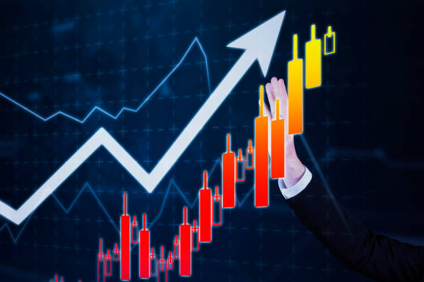 istock Businessman hand touching growth candlestick chart 1411933058