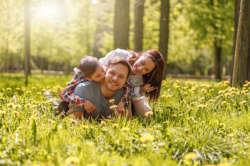 Portrait of happy family lying in hugs on green grass in park on sunny summer day. Parenting love.