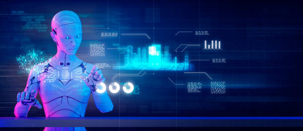 istock Smart city digital world, future sustainable IoT city security system support. AI robot service 3D robot render IoT smart city security technology, smart digital lifestyle automation control online 1411933562