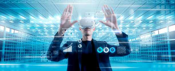 VR virtual reality control technology in industry factory warehouse Future digital world futuristic AI artificial intelligence industry automated metaverse augmented reality technology concept IoT