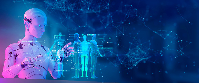 Healthcare medical technology digital remote doctor technology concept AI metaverse doctor optimize patient care medicine pharmaceuticals biologics treatment examination diagnosis, 3D robot doctor