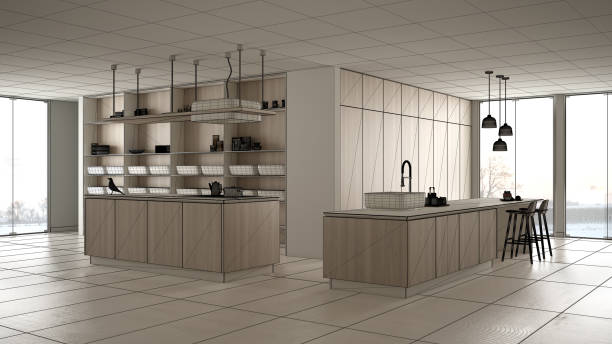 Blueprint sketch draft, design concept, architect designer project, minimalist luxury expensive kitchen, island, sink and gas hob, open space, ceramic floor, interior design idea