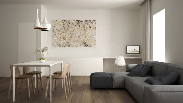 istock Minimalist living room, interior design, home working space, modern gray sofa, dining table with wooden chair, parquet flooring, luxury pendant lamps, architect designer concept 1411935458