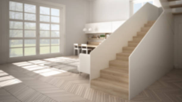 istock Blur background interior design, minimalist modern kitchen in open space with staircase, living room, modern interior design architecture concept idea 1411935549